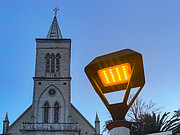 The Pisco Elqui church with one of the new dark-sky-compliant lights.