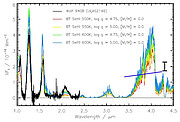 NIRI spectrum compared to models of a cool brown dwarf atmosphere with different temperatures and effective gravities.