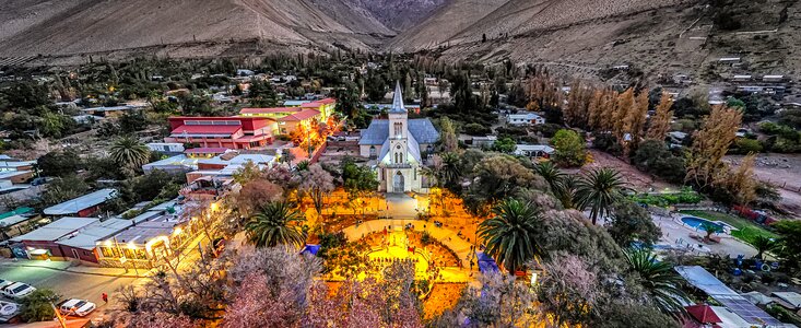 Aerial view of Pisco Elqui, with its square illuminated new dark-sky-compliant lighting.