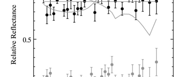 The relative reflectance spectrum of (90377) Sedna (black circles) and the spectrum of the nearby sky