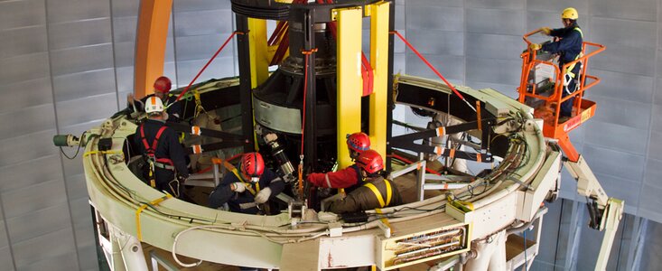 The DECam prime focus cage is mounted in the top ring of the Blanco 4-m telescope