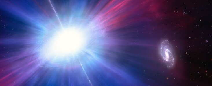 Impresión artística de un Evento Transitorio Óptico Azul Rápido que se encuentra inusualmente lejos de su galaxia anfitriona