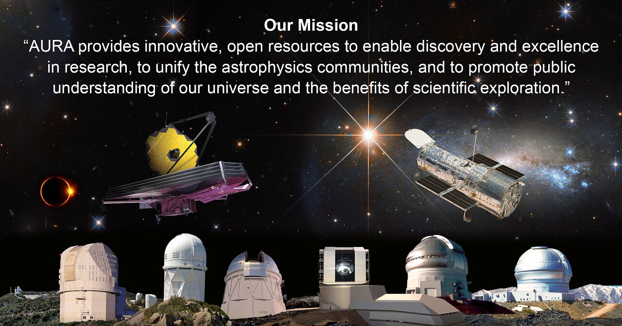 Banner sobre la mision de AURA. La Asociación de Universidades para la Investigación en Astronomía (por sus siglas en inglés, AURA) es un consorcio formado por 47 instituciones norteamericanas y 3 afiliados internacionales que operan observatorios astronómicos de clase mundial para la National Science Foundation y la NASA.