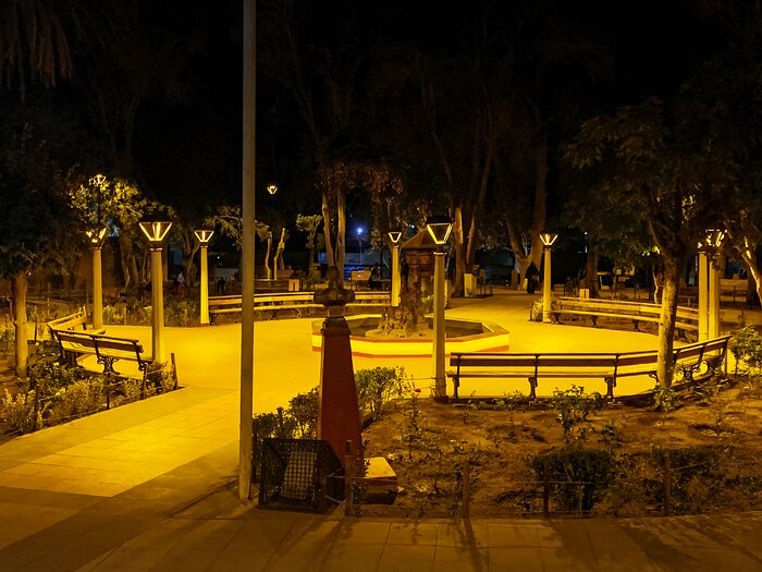 Pisco Elqui square in Chile with its new dark-sky-compliant lighting.