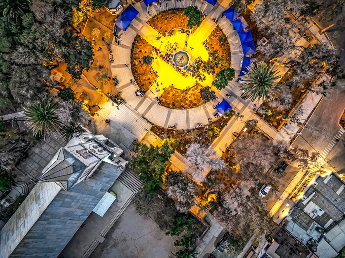 Aerial view of Pisco Elqui, with its square illuminated new dark-sky-compliant lighting.