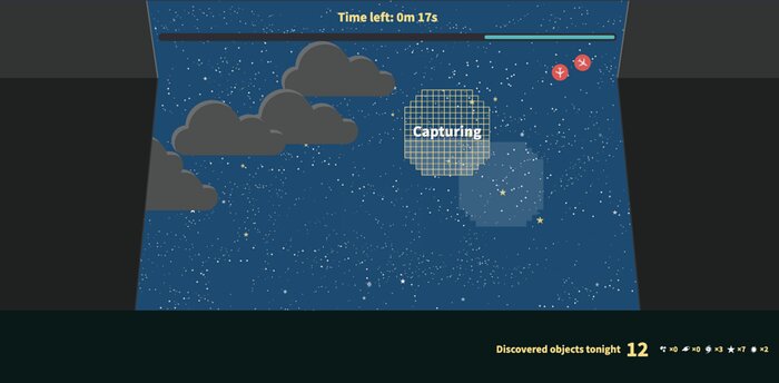 A screenshot of the desktop version of Rubin Observatory's online game, Space Surveyors.