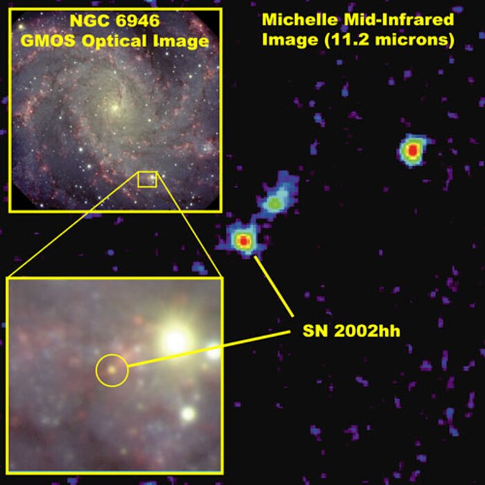 Optical image (GMOS, foreground) combined with the Michelle image (11.2 microns)