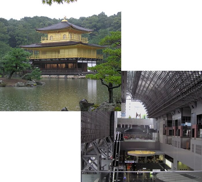 Kinkaku-ji temple and The train station in Kyoto