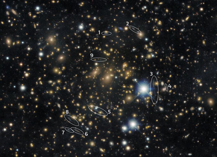 Close-up of gravitational lenses with annotations