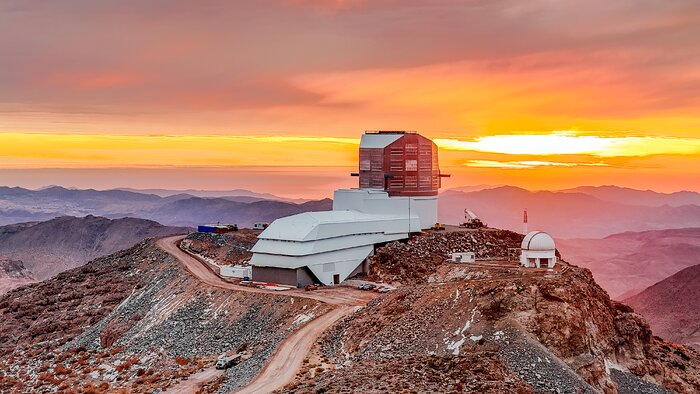 Rubin Observatory at sunset in May 2024