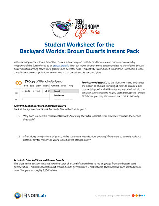 Technical Document: Student Worksheet for the  Backyard Worlds: Brown Dwarfs Instant Pack